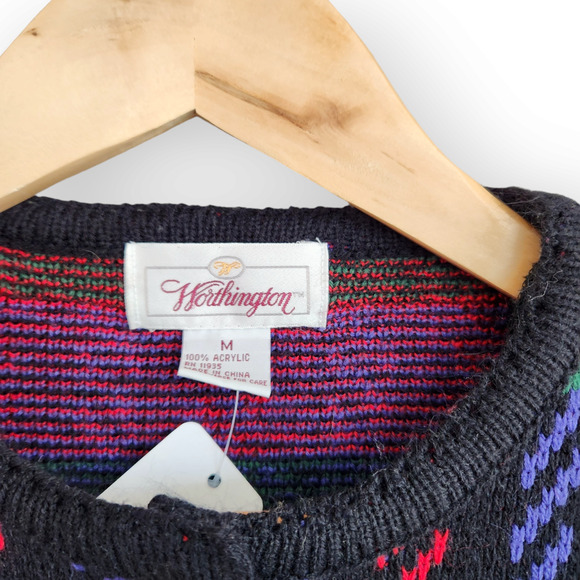 Vintage Worthington Black Red Green Houndstooth Plaid Button Down Cardigan M - Picture 4 of 8